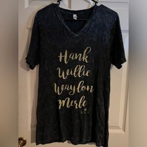 Hank, Willie, Waylon, Merle, Black mineral wash, v neck tee, size medium
